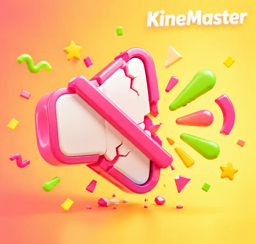 KineMaster audio problem: muted speaker icon with colorful confetti