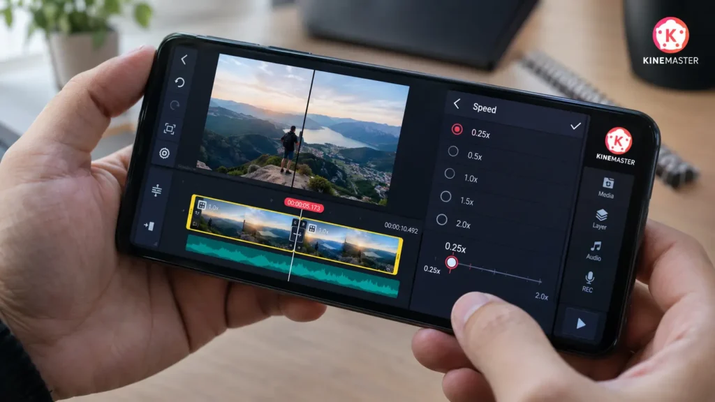 KineMaster speed control set to 0.25x for smooth slow motion on a smartphone
