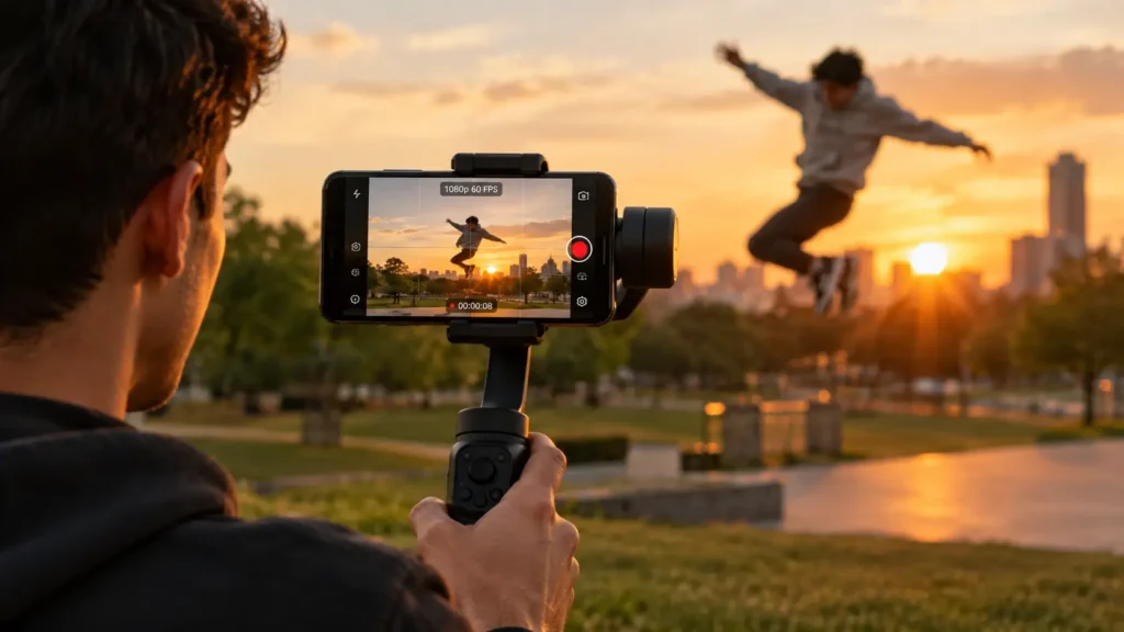 Recording a video at 60 FPS on a smartphone with a gimbal for smooth slow motion