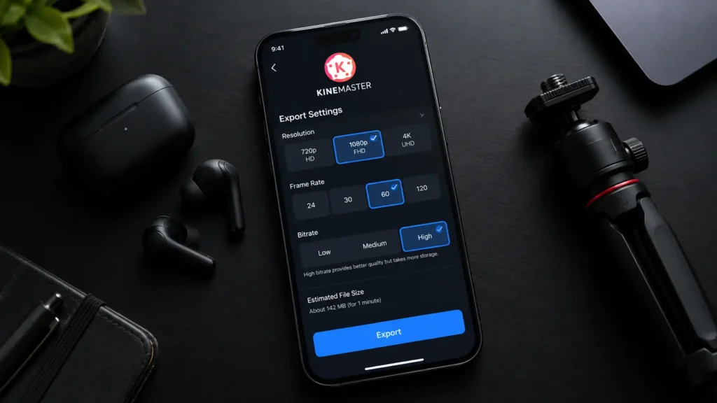 KineMaster export settings with 1080p and 60 FPS selected for smooth slow-mo videos