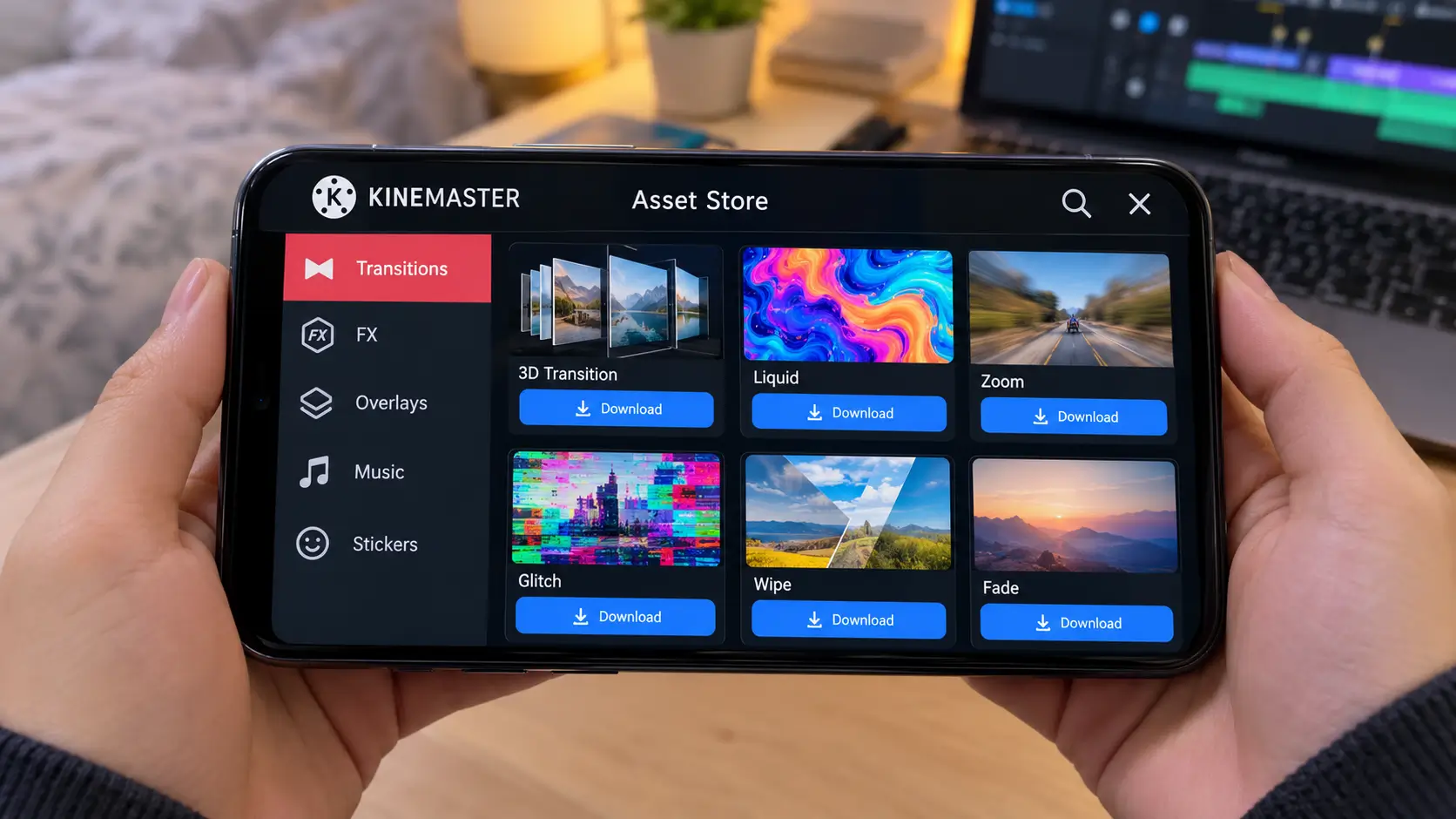 Custom transitions in KineMaster: Asset Store icon on the editing screen