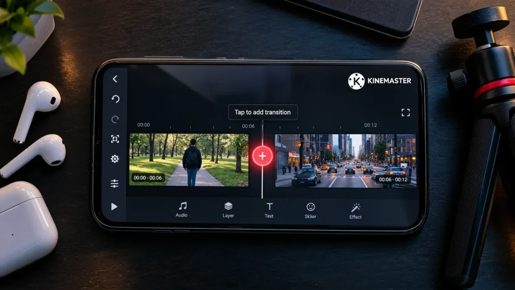 How to add custom transitions in KineMaster between two clips